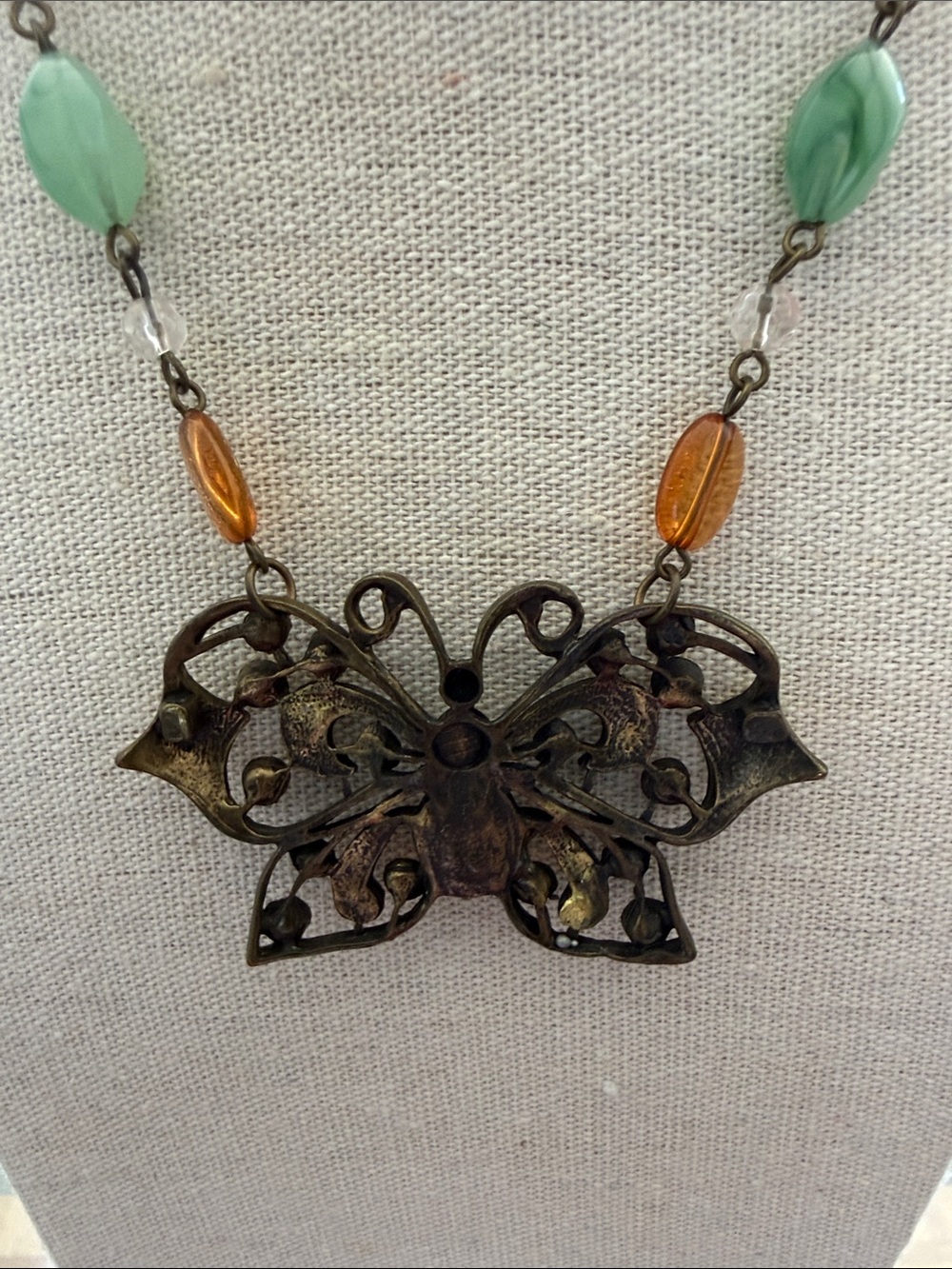 Vintage Butterfly Pendant Necklace with Green & Orange Glass Beads. - Picture 6 of 6